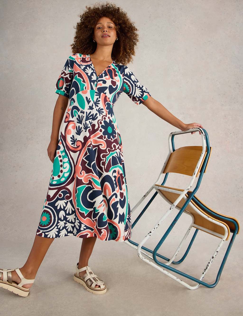 Cotton Blend Jersey V-Neck Midi Tea Dress 5 of 6