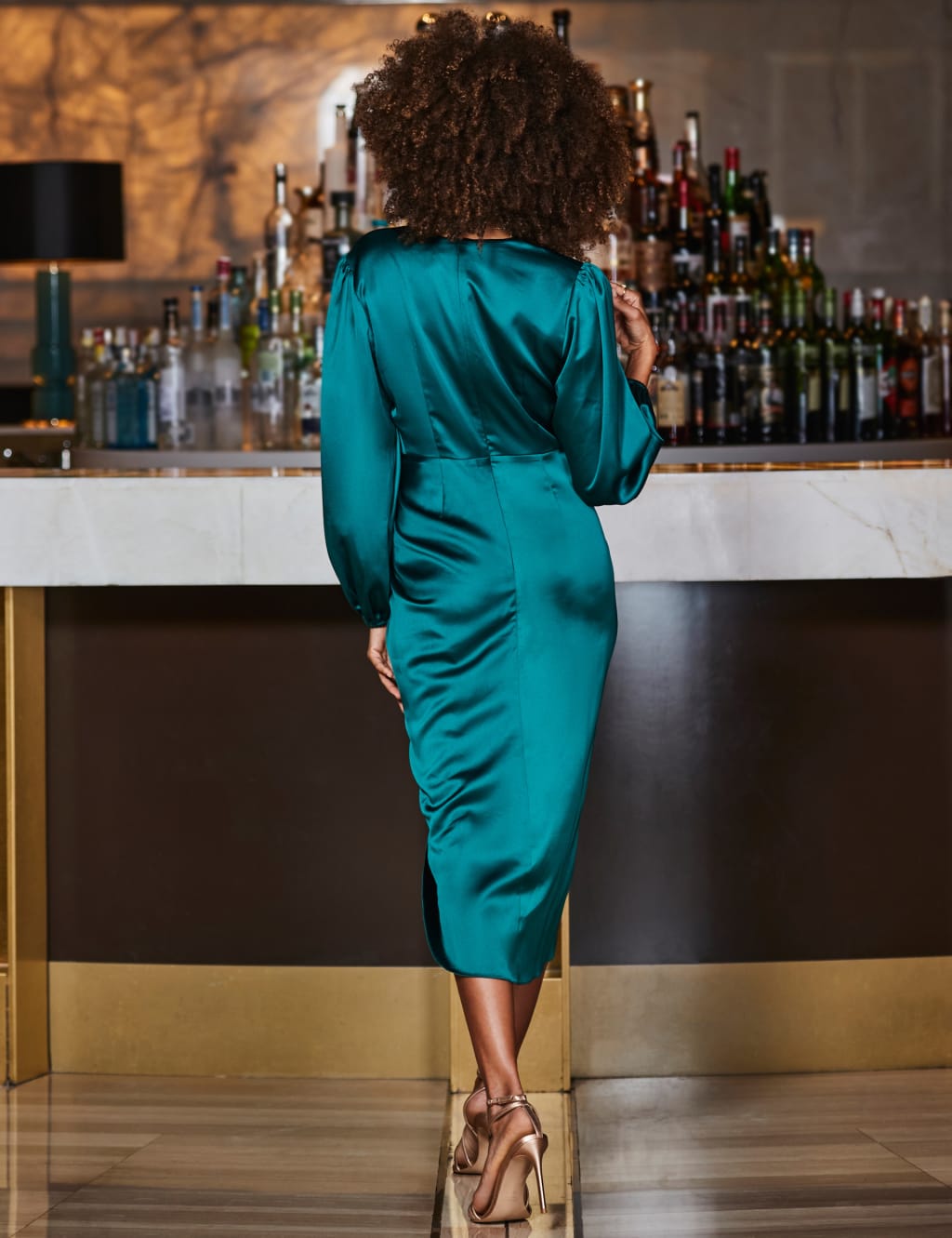 Satin V Neck Ruched Midi Wrap Dress