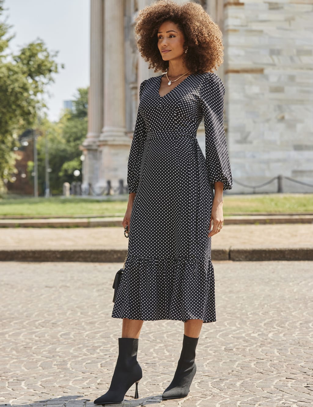 Spot Print Belted Midi Dress