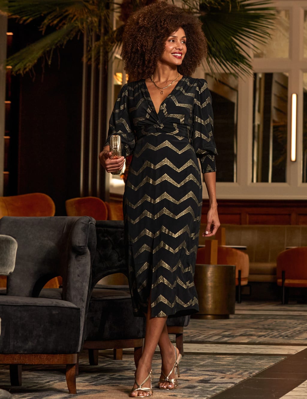 Chevron Print Knot Front Midi Dress