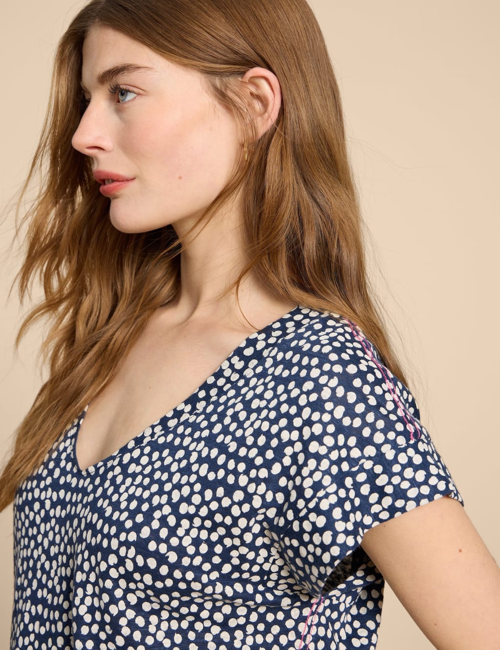 Pure Linen Polka Dot V-Neck T-Shirt 5 of 5