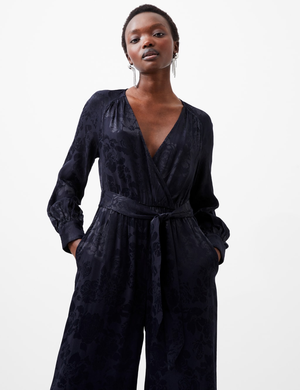 Satin Jacquard Belted Wide Leg Jumpsuit 4 of 4