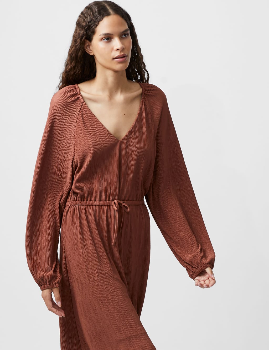 Satin V-Neck Midi Waisted Dress 3 of 4