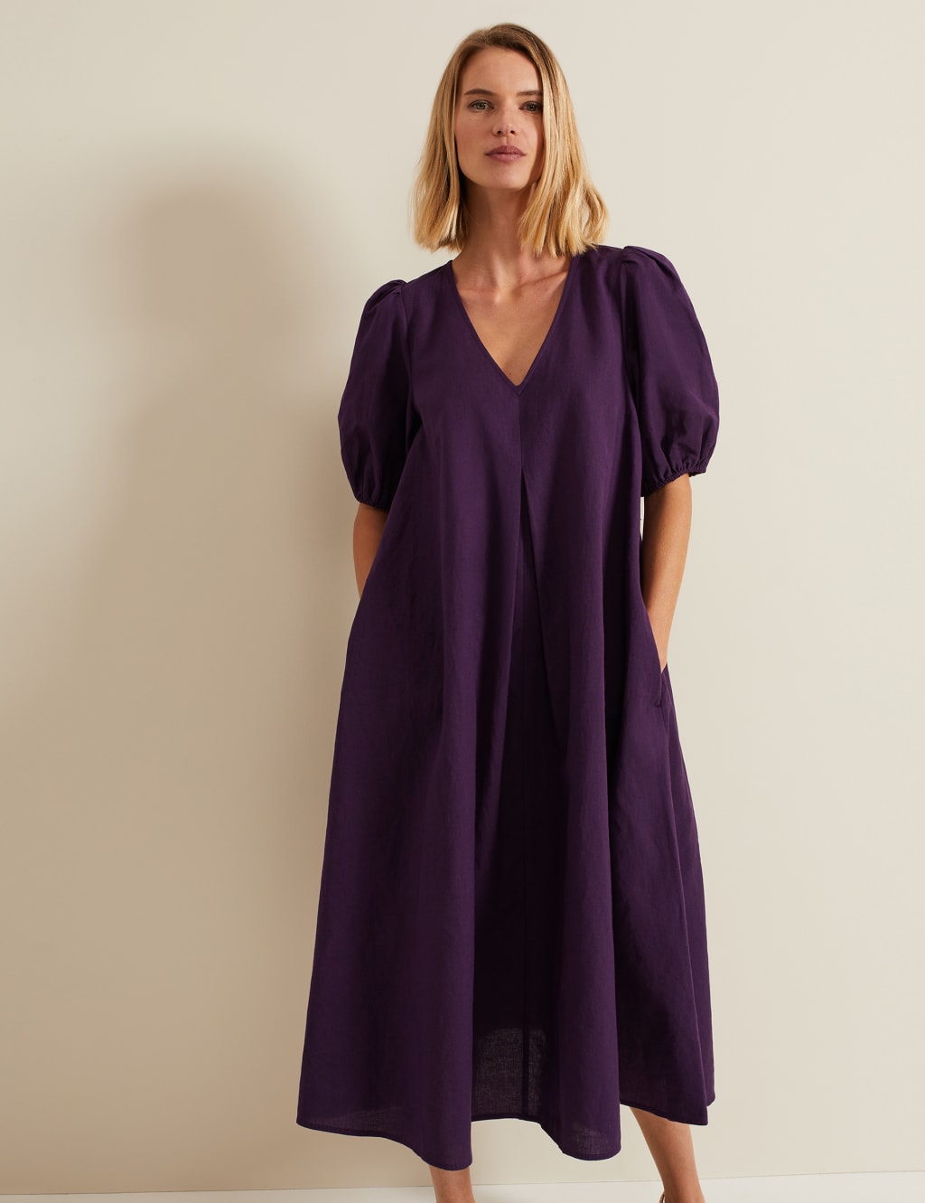 Linen Blend V Neck Puff Sleeve Midi Shift Dress Phase Eight M S
