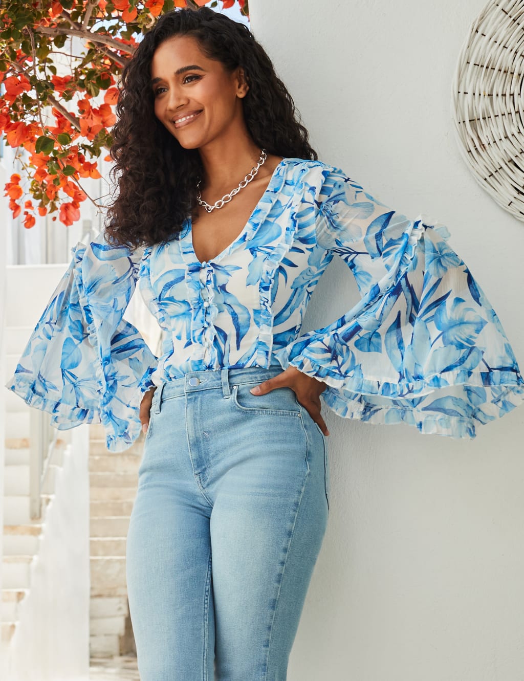Chiffon Floral V Neck Ruffle Blouse