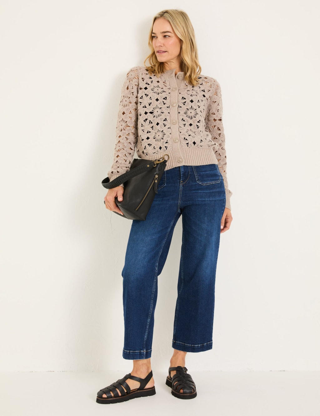 Floral Open Knit Crew Neck Cardigan 3 of 5