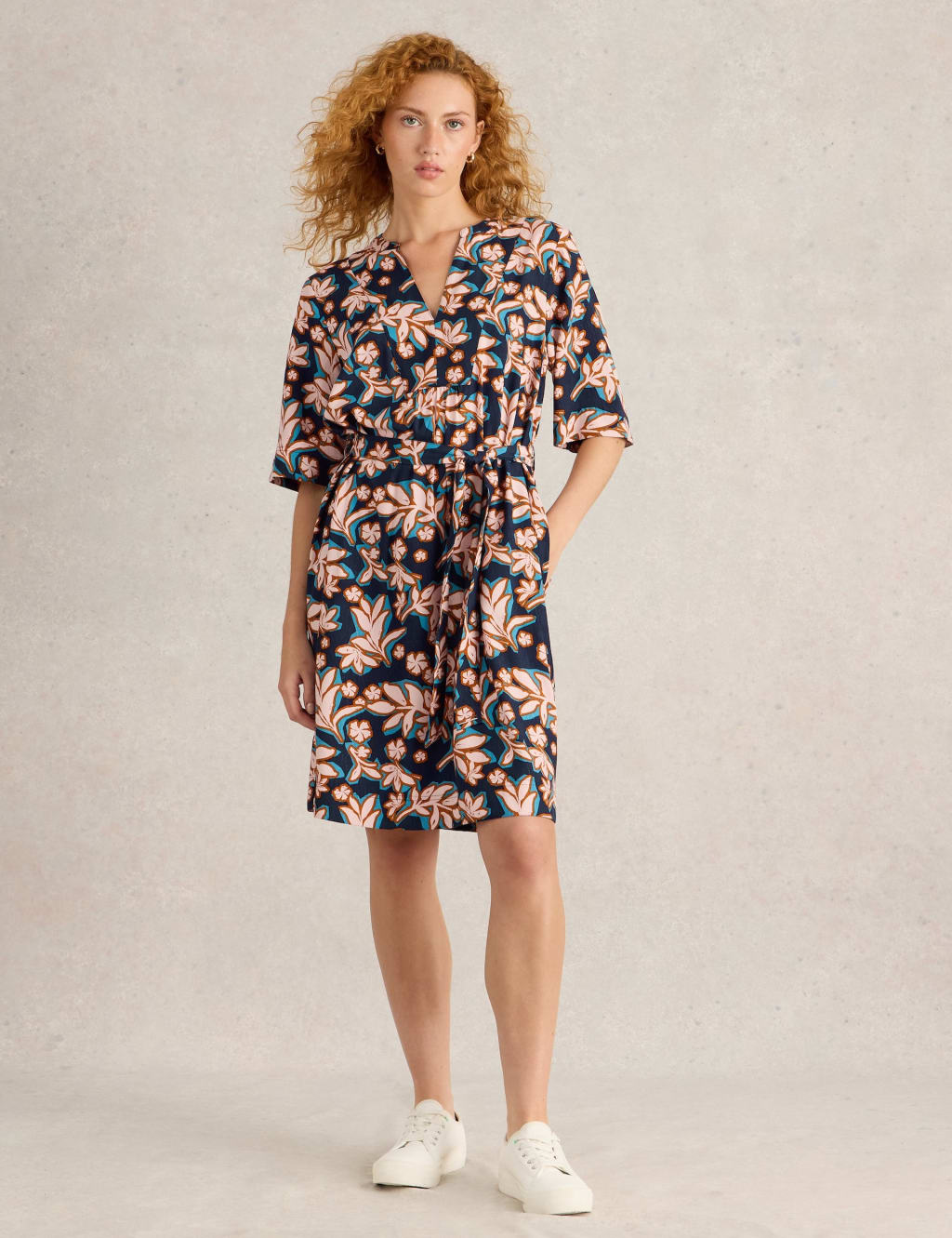 Printed V Neck Belted Knee Length Shift Dress