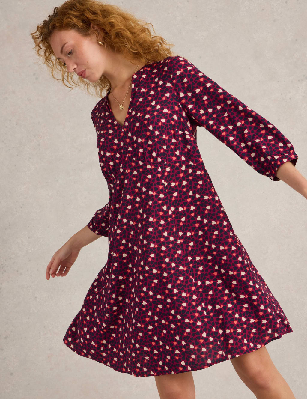 Heart Print V Neck Knee Length Tea Dress