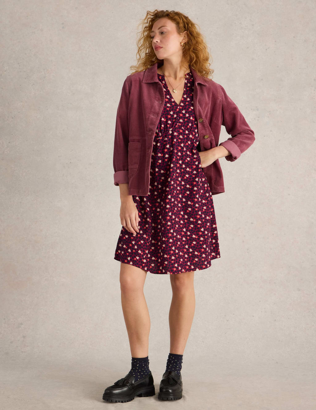 Heart Print V Neck Knee Length Tea Dress