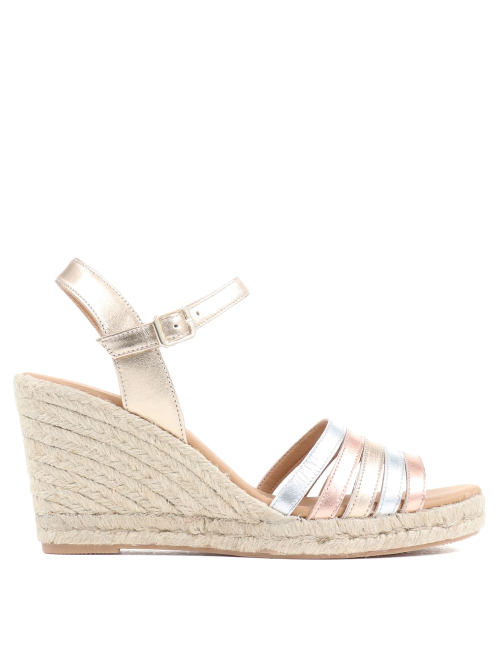 Leather Metallic Ankle Strap Wedge Sandals 2 of 7