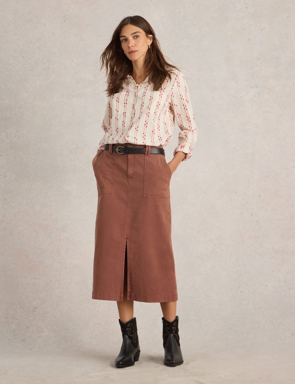 Cotton Rich Midi A-Line Skirt with Linen 1 of 6