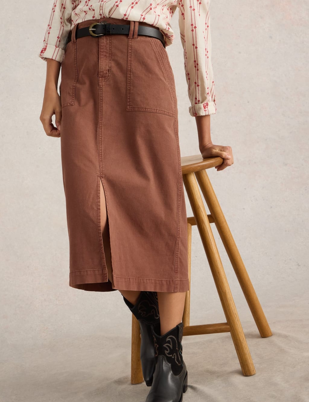 Cotton Rich Midi A-Line Skirt with Linen 3 of 6