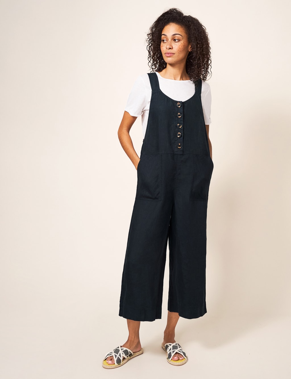 Pure Linen Cropped Wide Leg Dungarees White Stuff M S