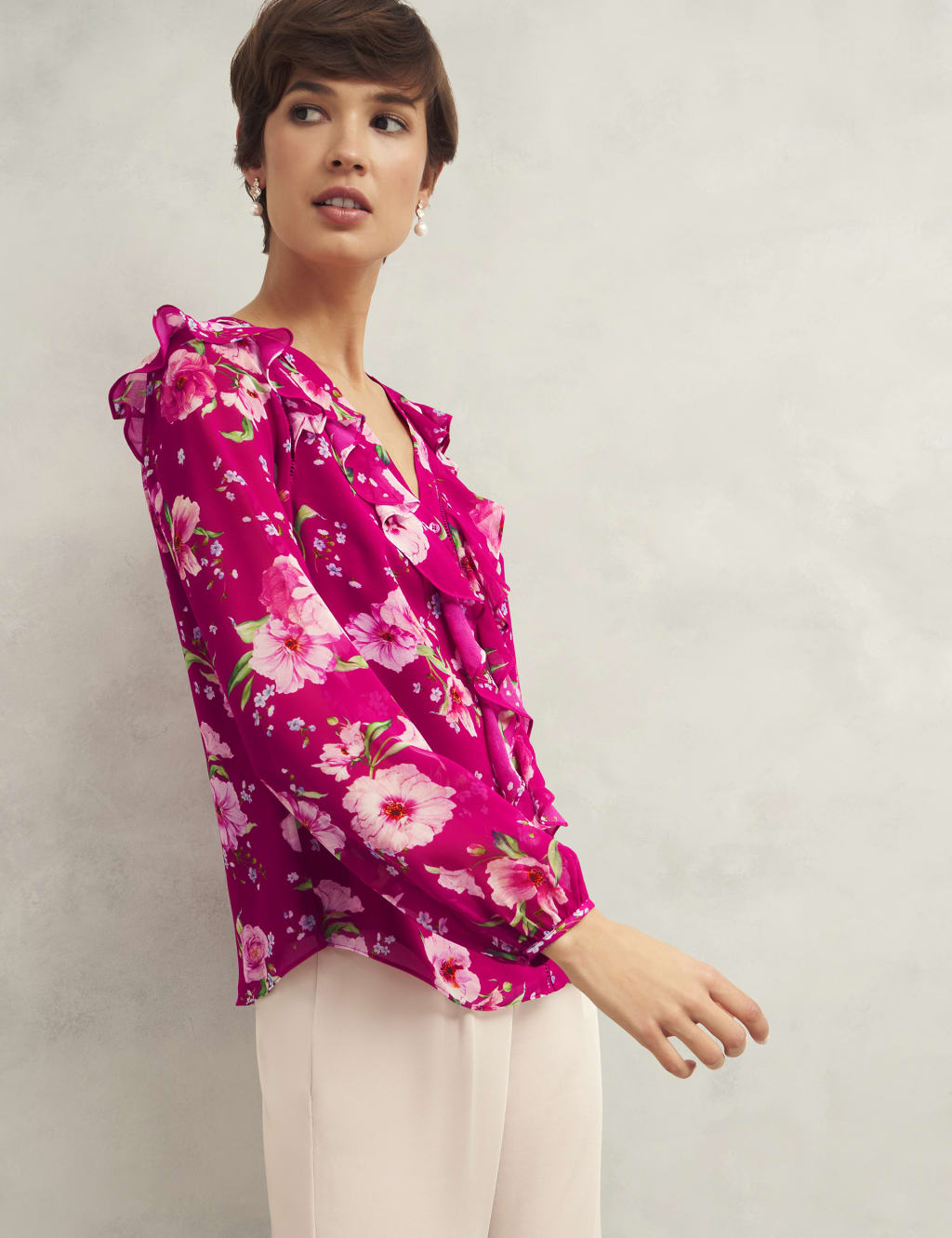 Floral V-Neck Frill Detail Blouse 4 of 7