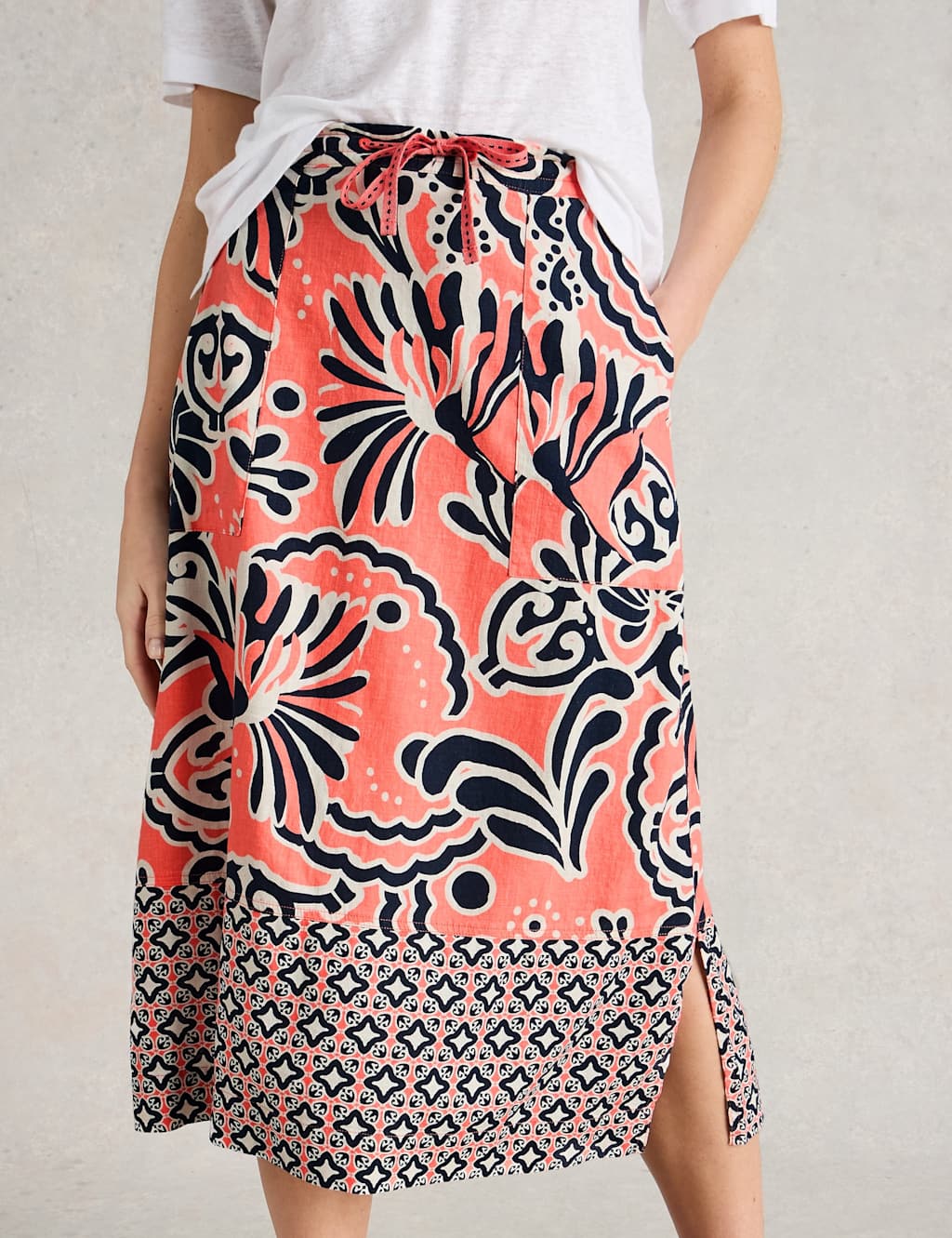 Linen Rich Printed Midi A-Line Skirt 3 of 5