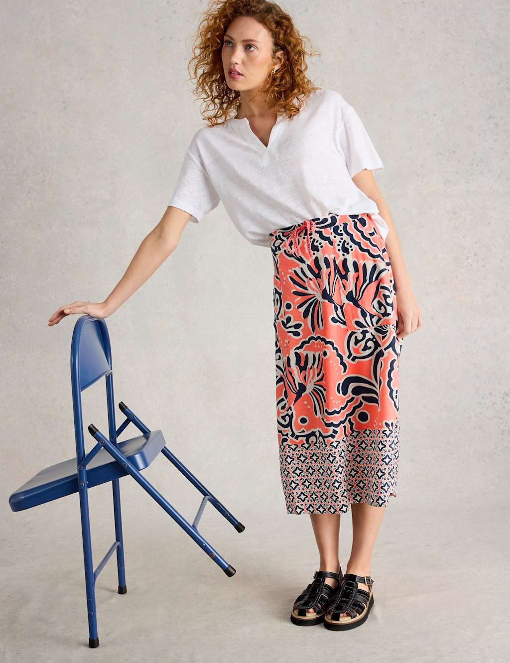 Linen Rich Printed Midi A-Line Skirt 5 of 5