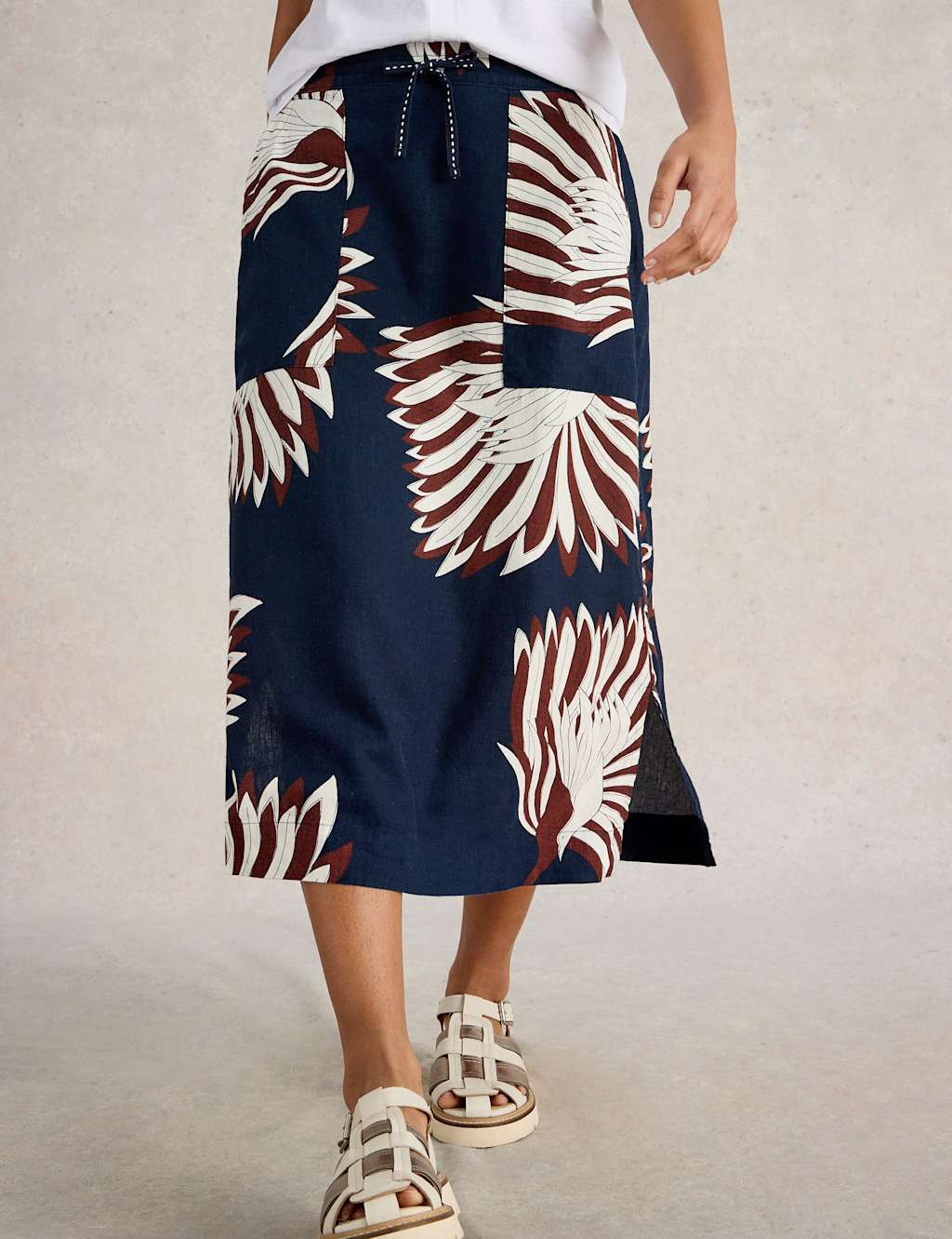 Linen Rich Printed Midi A-Line Skirt 3 of 5