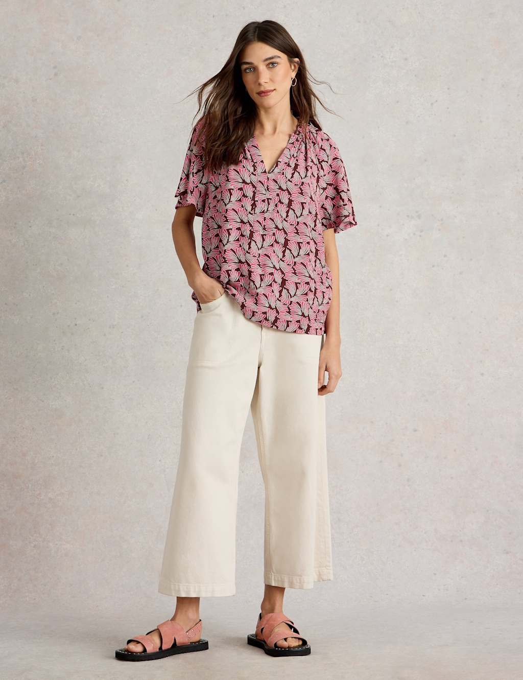 Printed Crinkle V-Neck Button Through Top 2 of 4