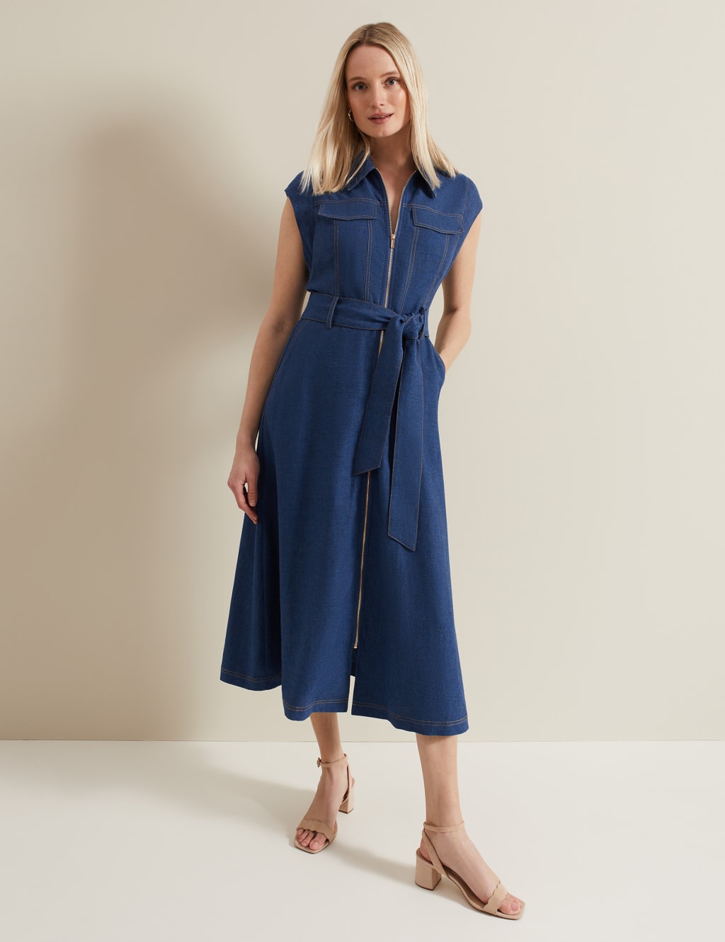 Linen Rich Denim Midi Shirt Dress