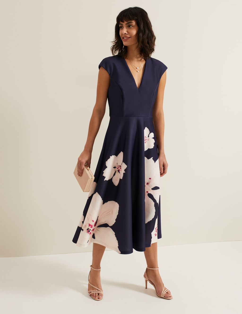 Floral V Neck Cap Sleeve Midi Skater Dress Phase Eight M S