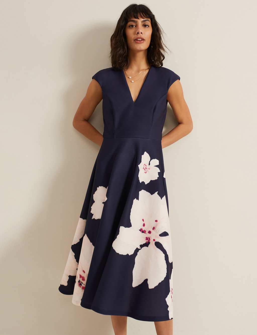 Floral V Neck Cap Sleeve Midi Skater Dress