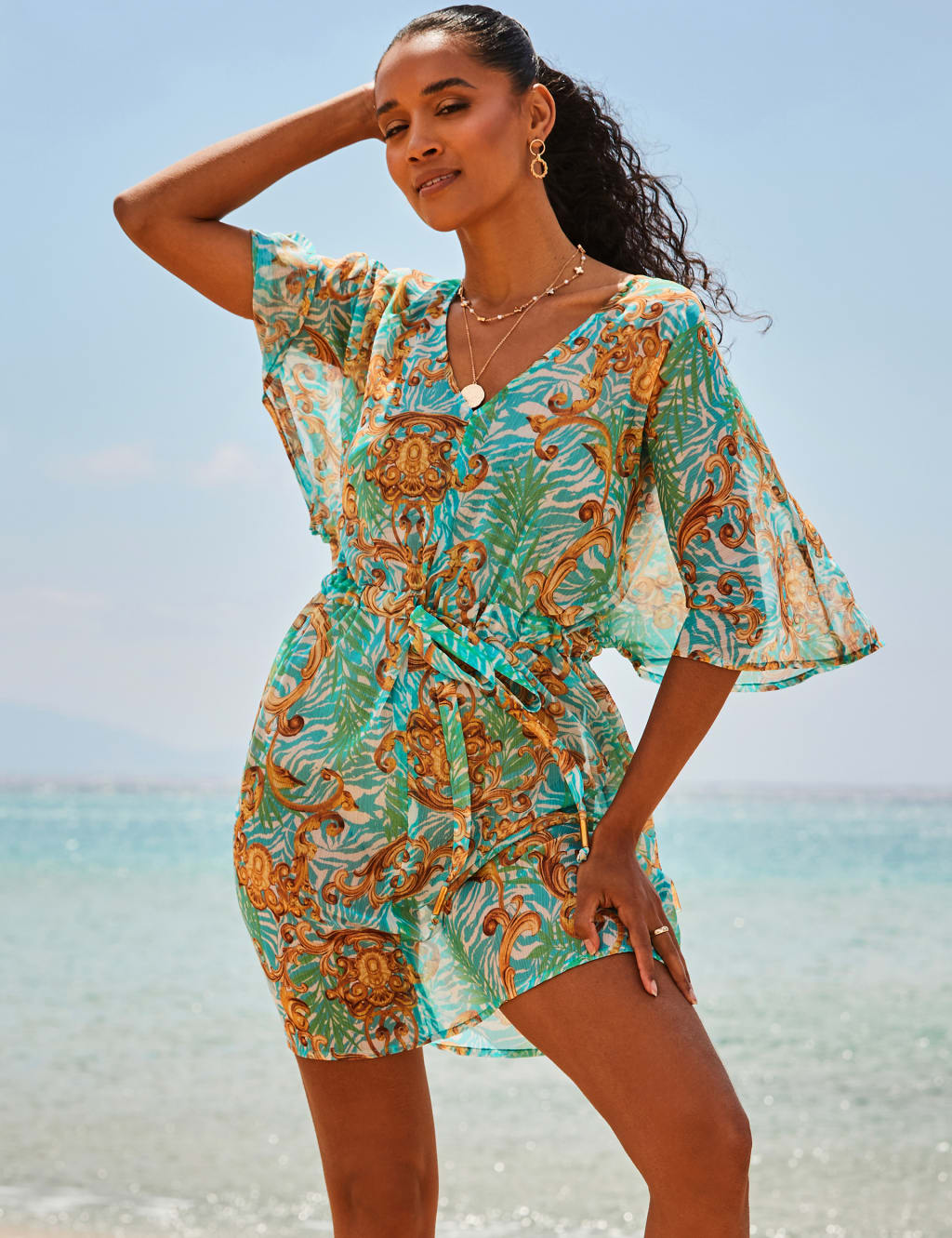 Printed V Neck Mini Beach Dress SOSANDAR M S