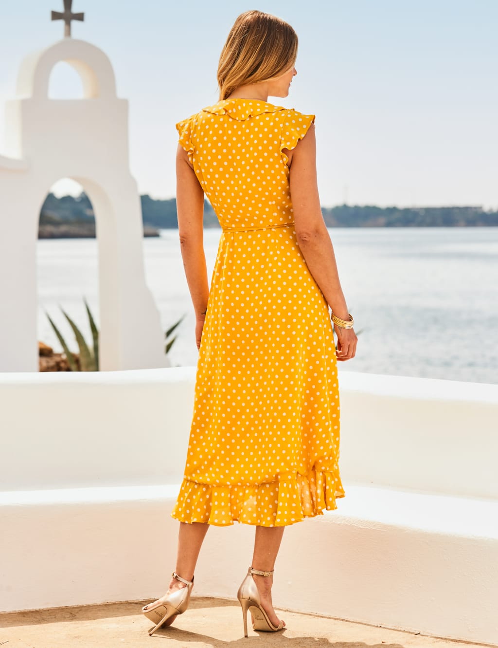 Polka dot wrap front ruffle tea dress discount