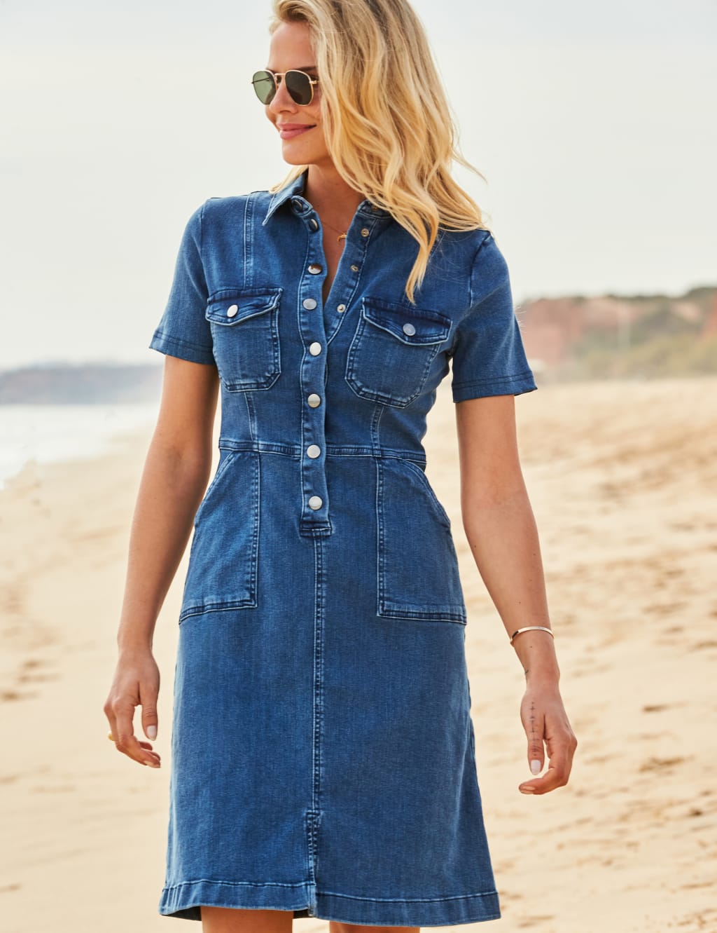 Denim Knee Length Shirt Dress SOSANDAR M S