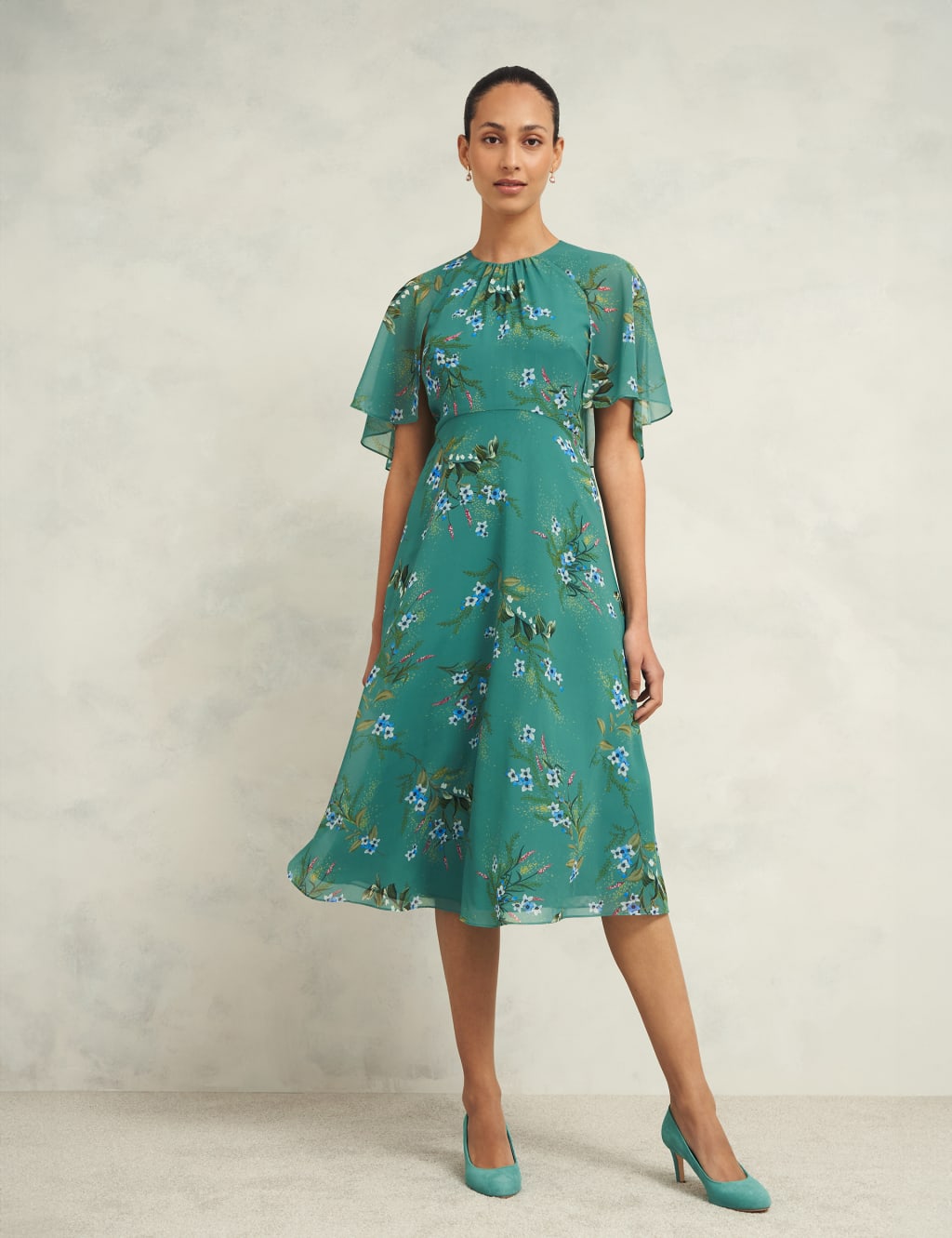 Floral Angel Sleeve Midi Skater Dress
