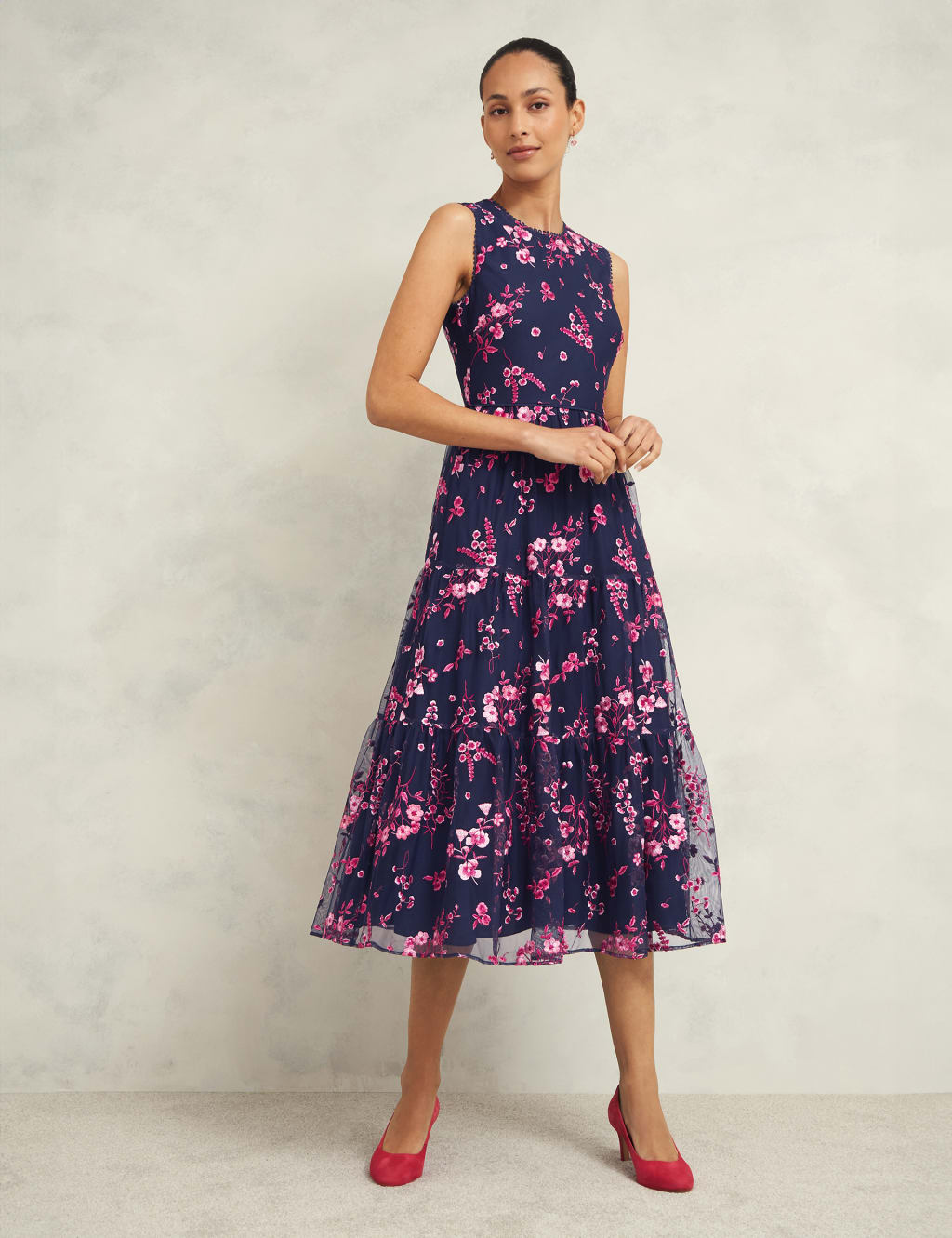 Floral Embroidered Midi Waisted Dress