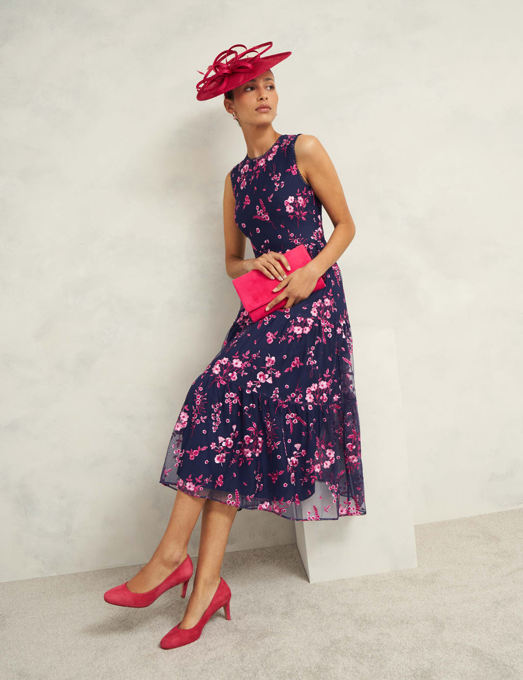 Floral Embroidered Midi Waisted Dress HOBBS M S