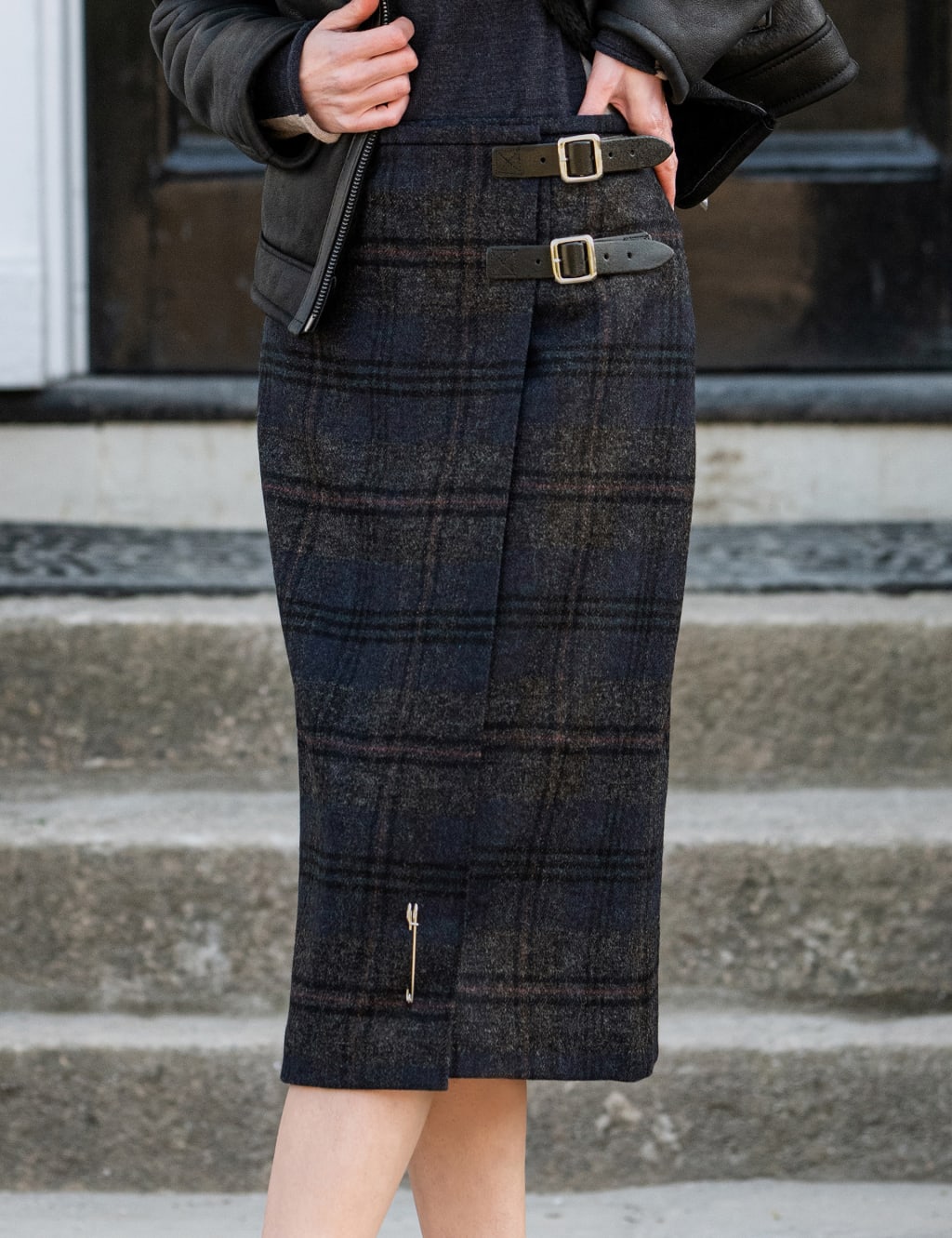 Pure Wool Checked Midi Pencil Skirt