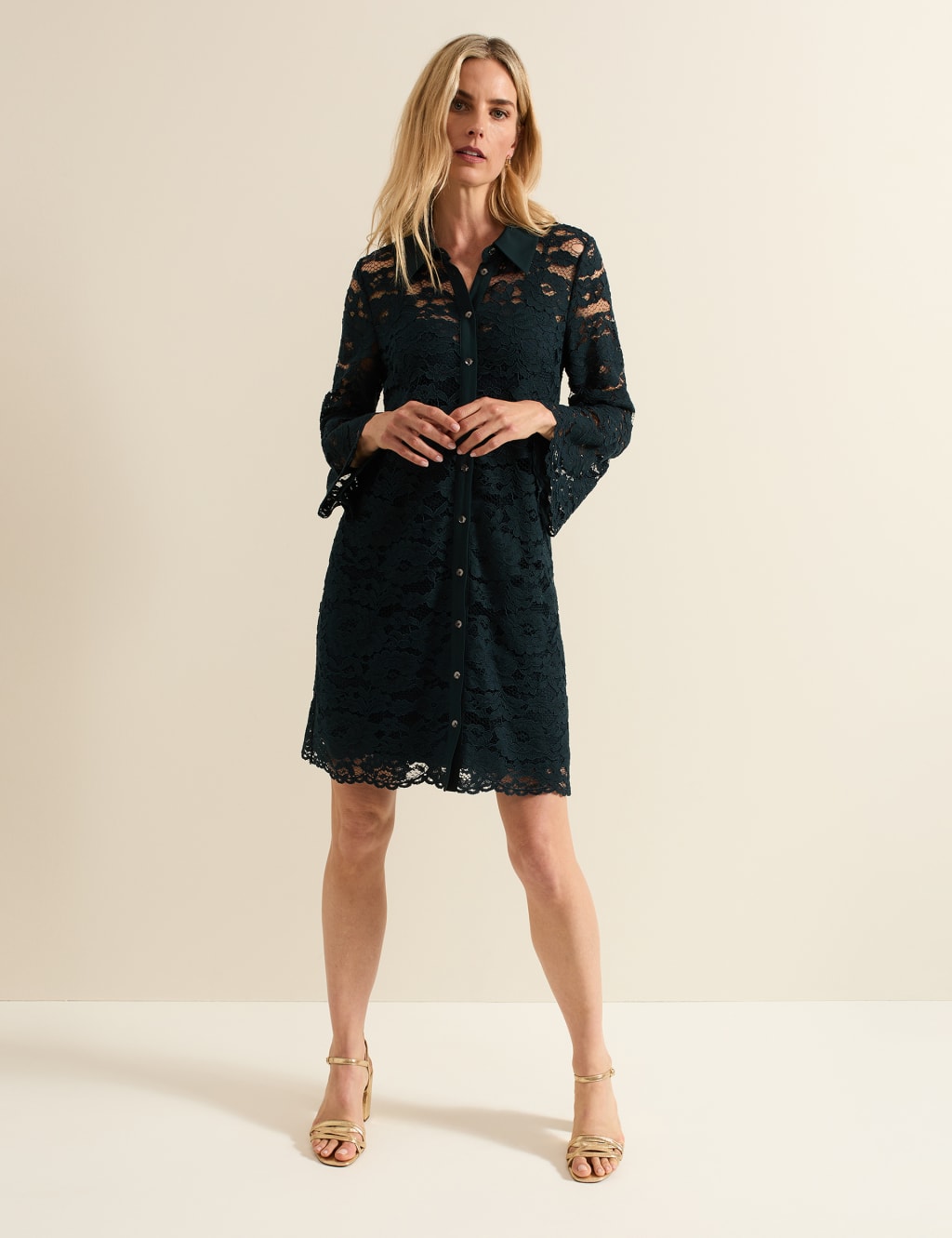 Cotton Blend Broderie Lace Mini Shirt Dress