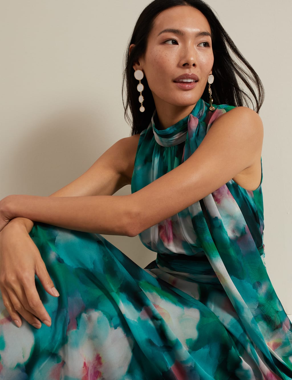 Chiffon Floral Tie Neck Maxi Skater Dress