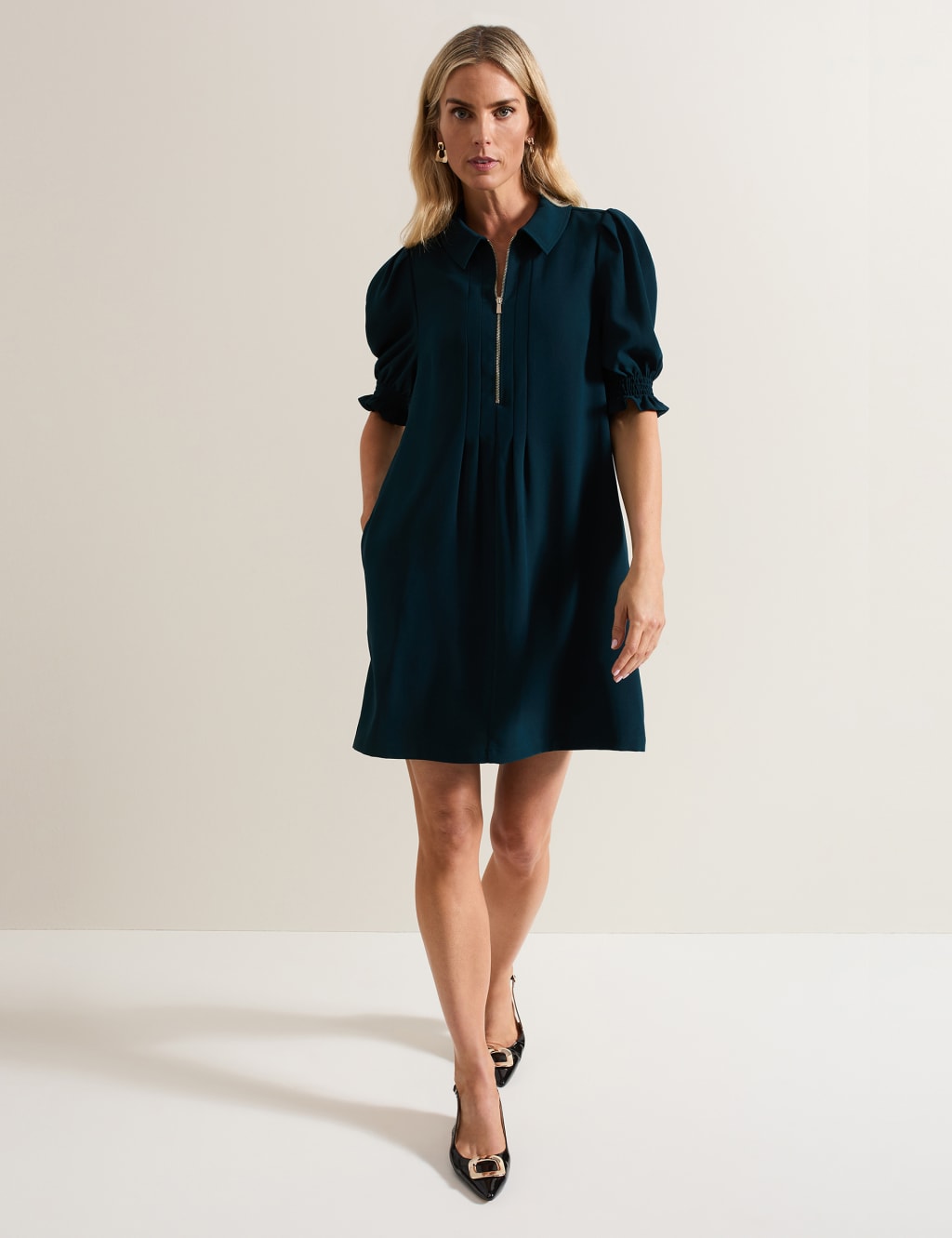 Collared Zip Up Mini Swing Dress