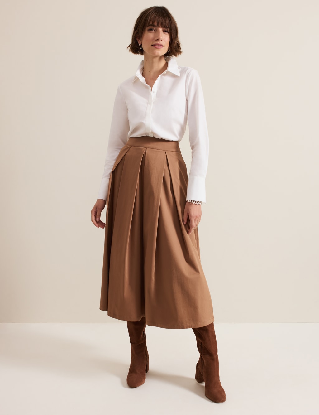 Cotton Rich Pleated Midi A Line Skirt