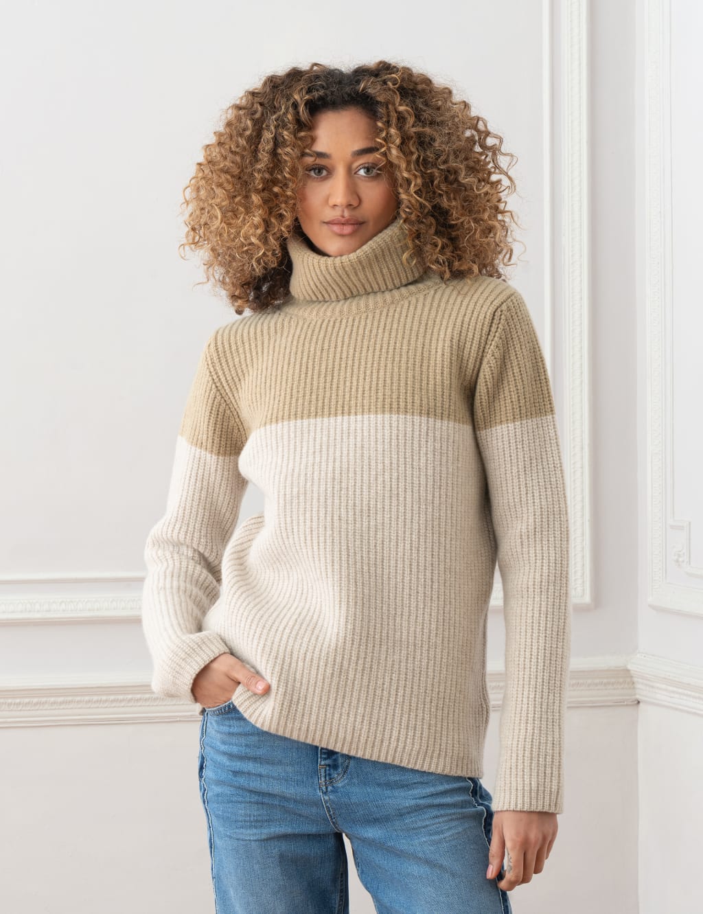 Pure Wool Colour Block Roll Neck Jumper 1 of 5