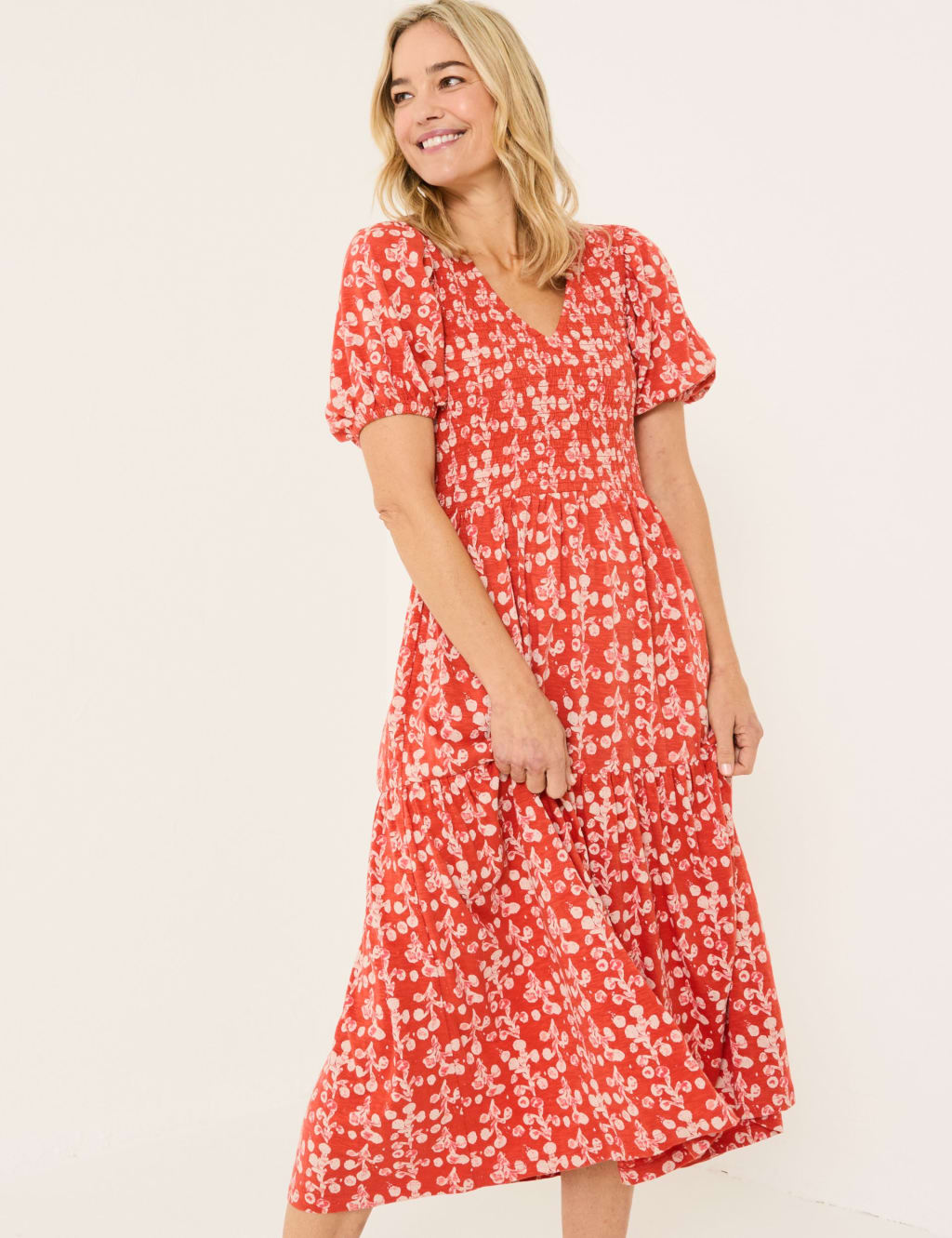 Cotton Rich Floral V-Neck Midi Waisted Dress 3 of 5