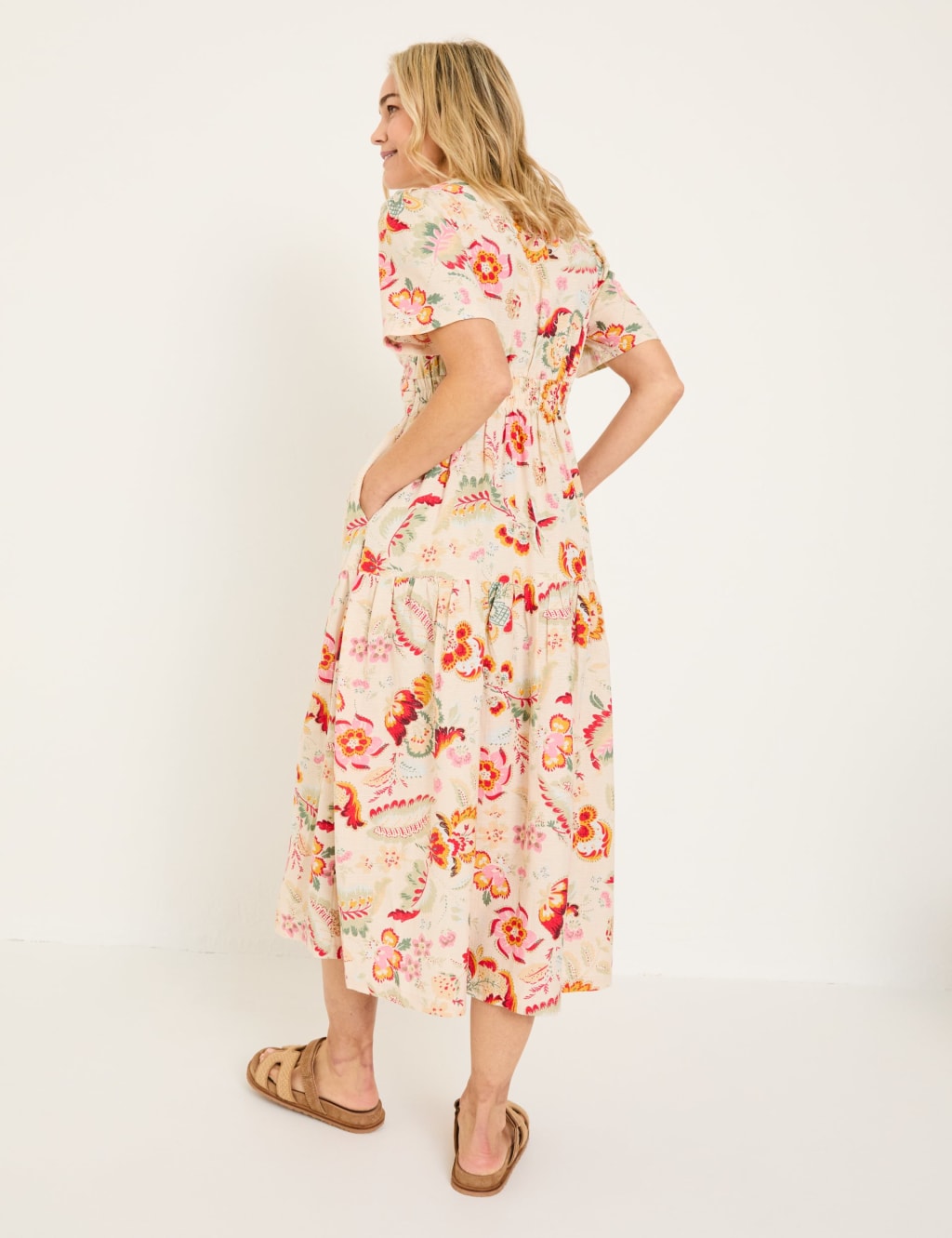Cotton Blend Floral Midi V-Neck Dress 3 of 5