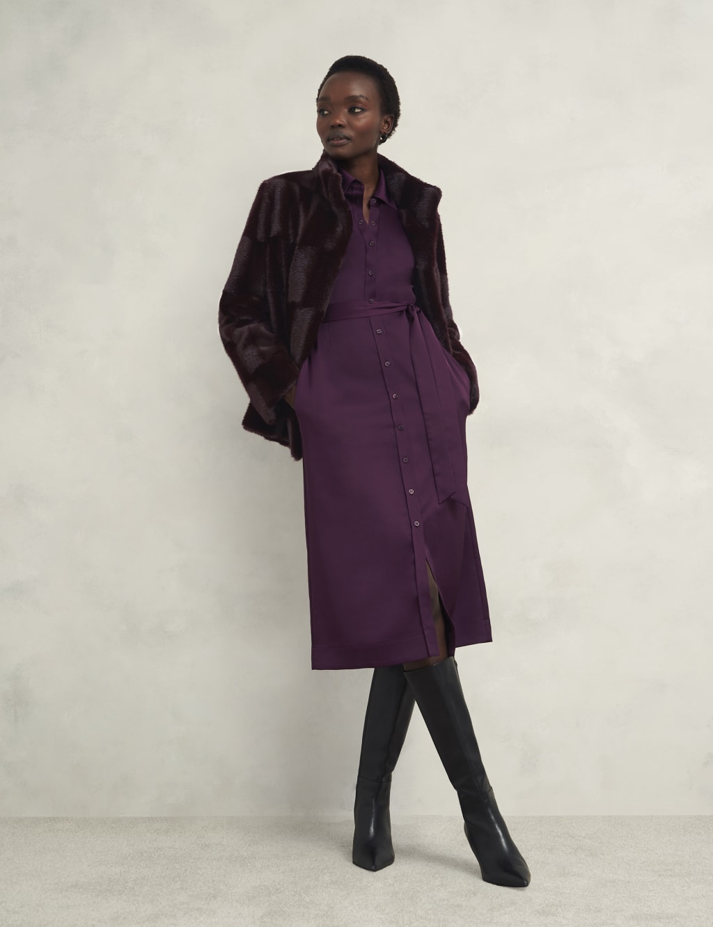 Faux Fur Checked Funnel Neck Coat HOBBS M S