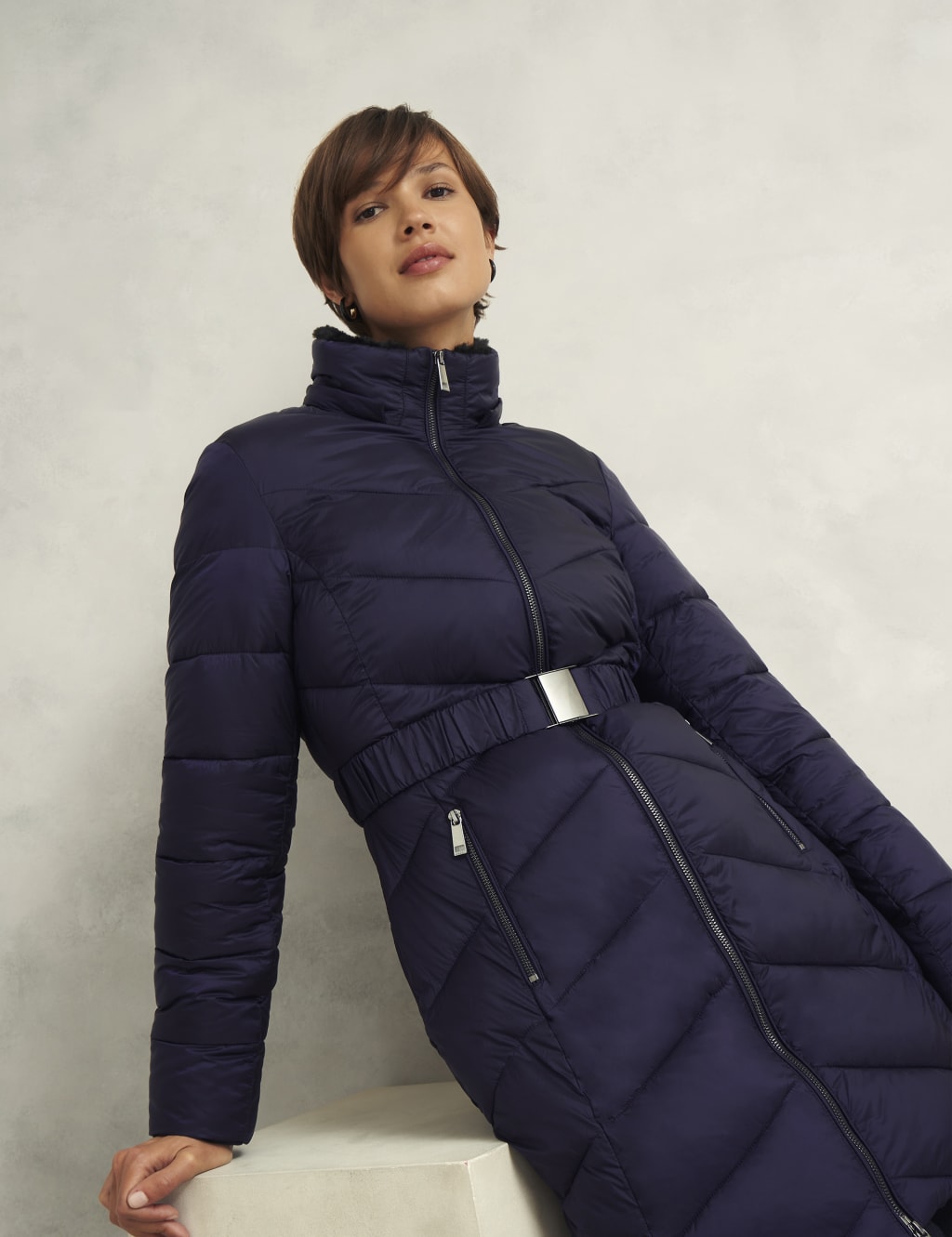 Longline belted puffer jacket shop