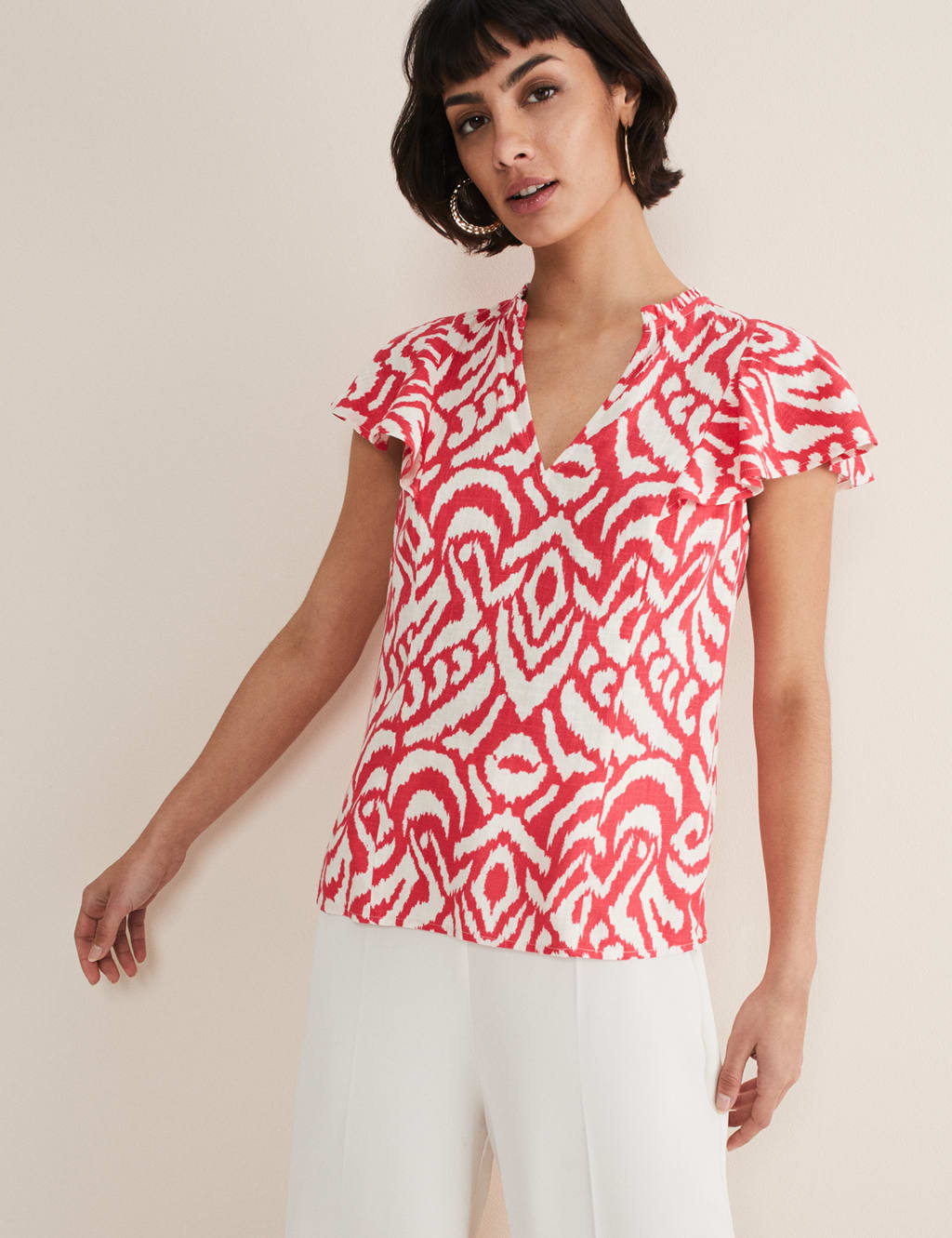 Printed V-Neck Top with Linen 1 of 6