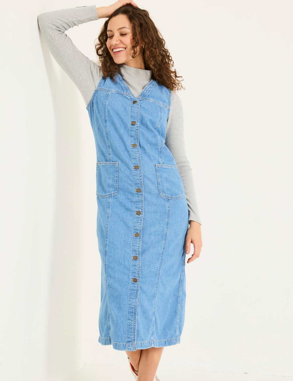 Denim V-Neck Button Through Midi Shift Dress 4 of 6