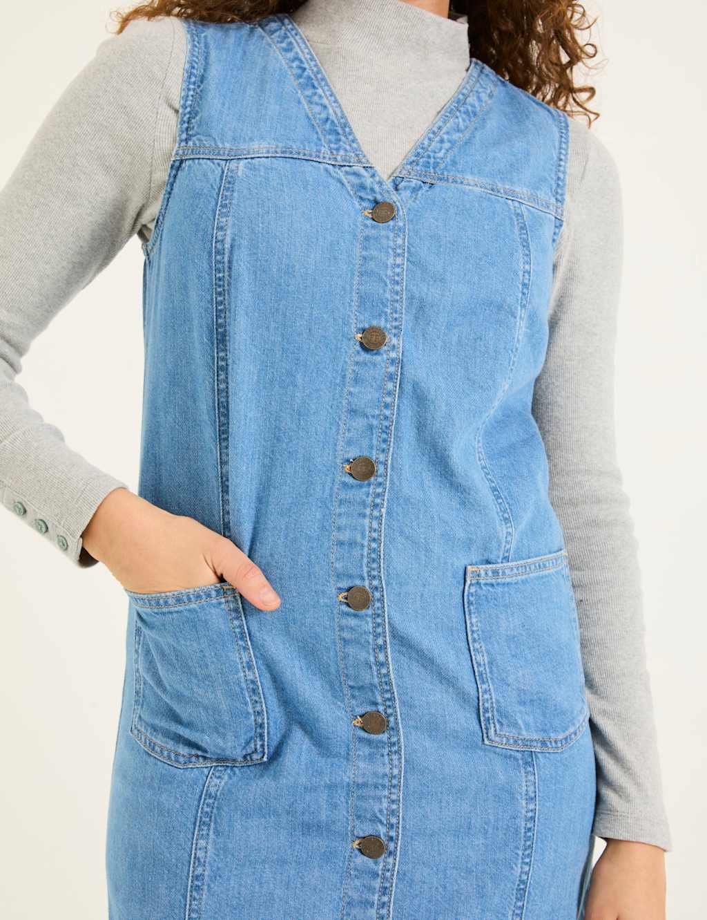 Denim V-Neck Button Through Midi Shift Dress 5 of 6