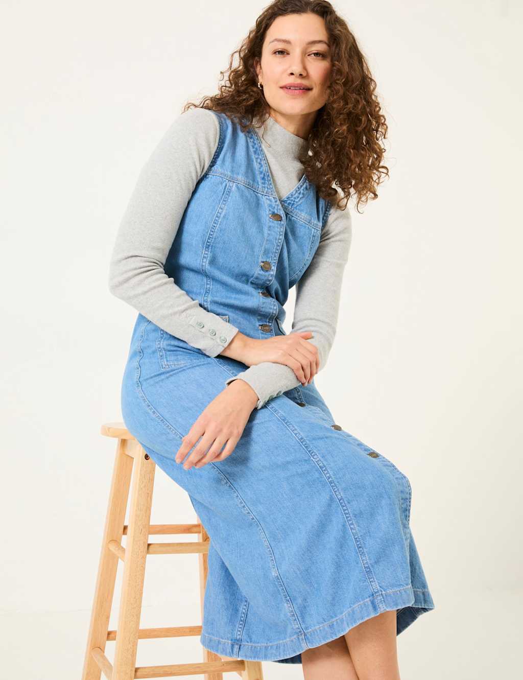 Denim V-Neck Button Through Midi Shift Dress 6 of 6