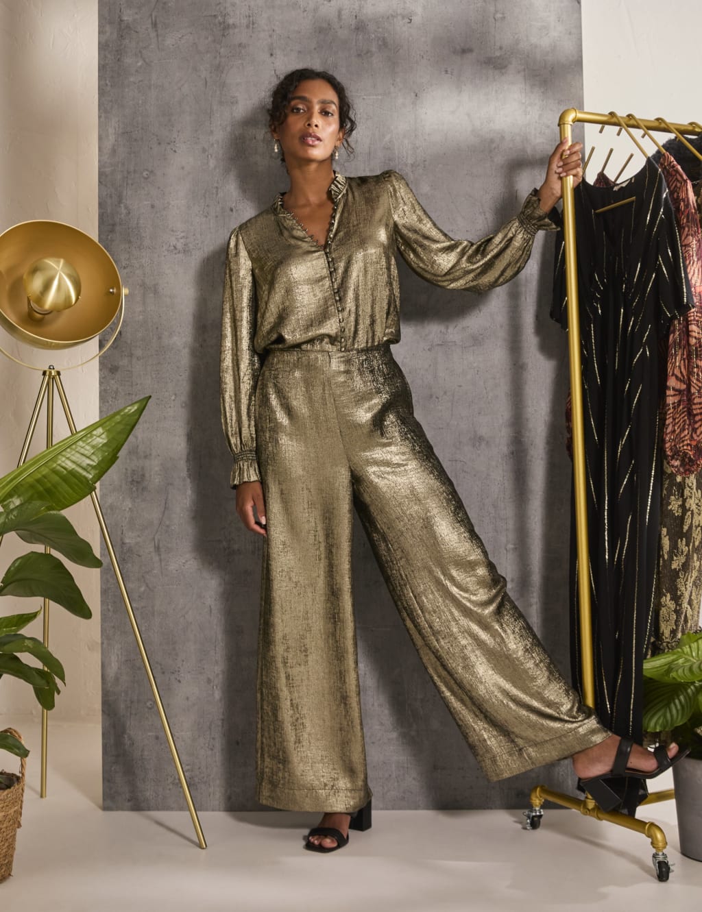 Metallic wide leg trousers clearance