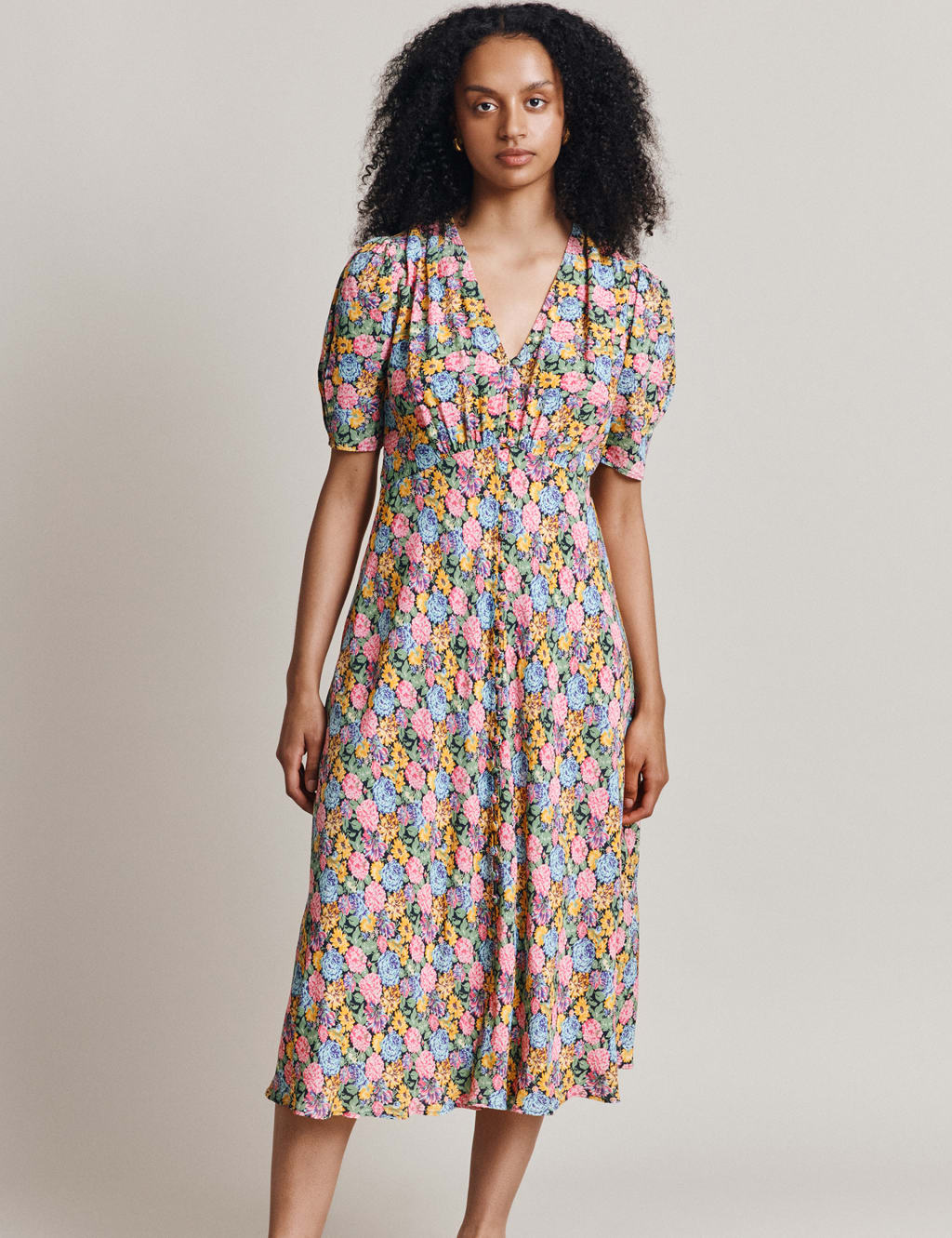 Floral V Neck Button Through Midi Tea Dress