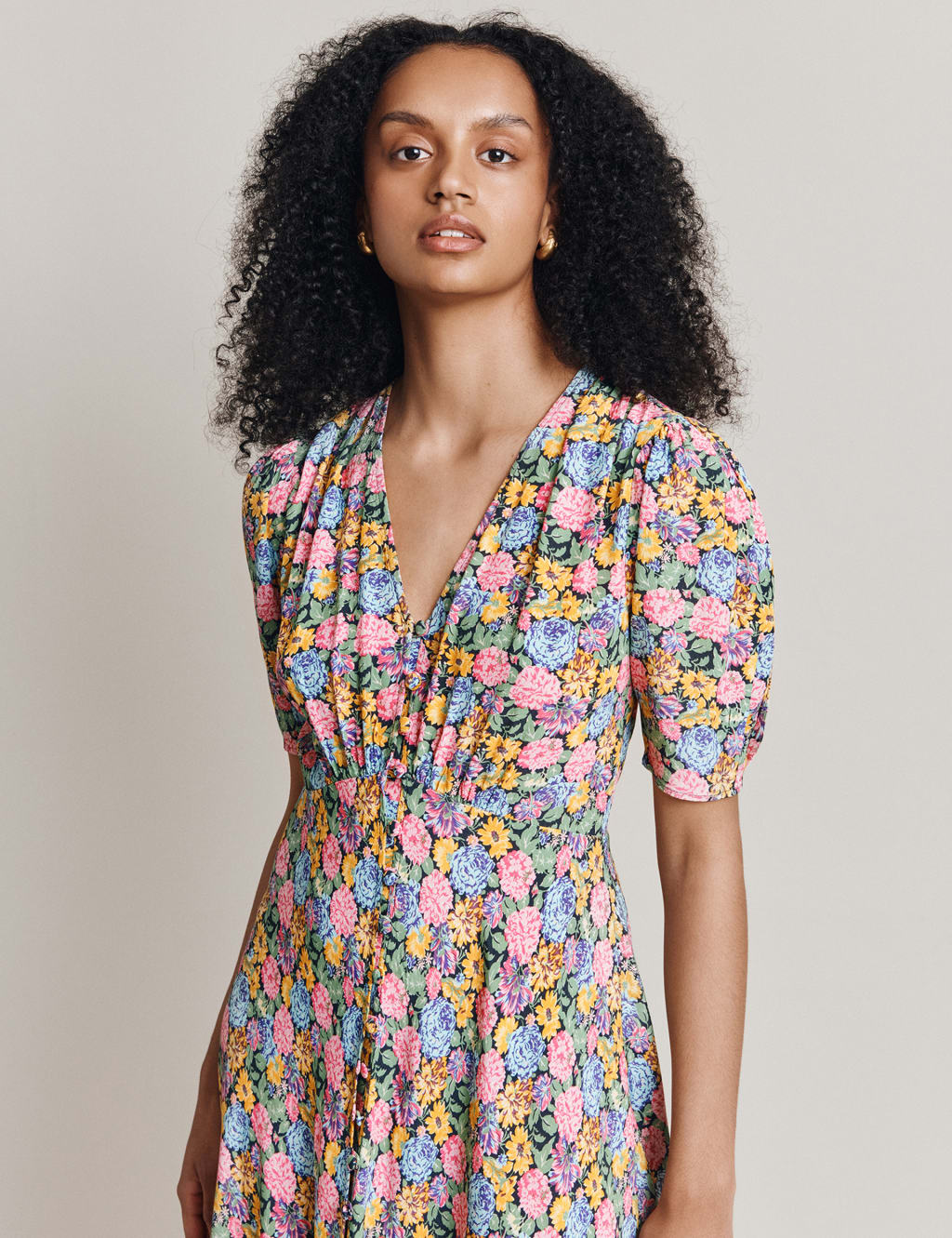 Floral V Neck Button Through Midi Tea Dress