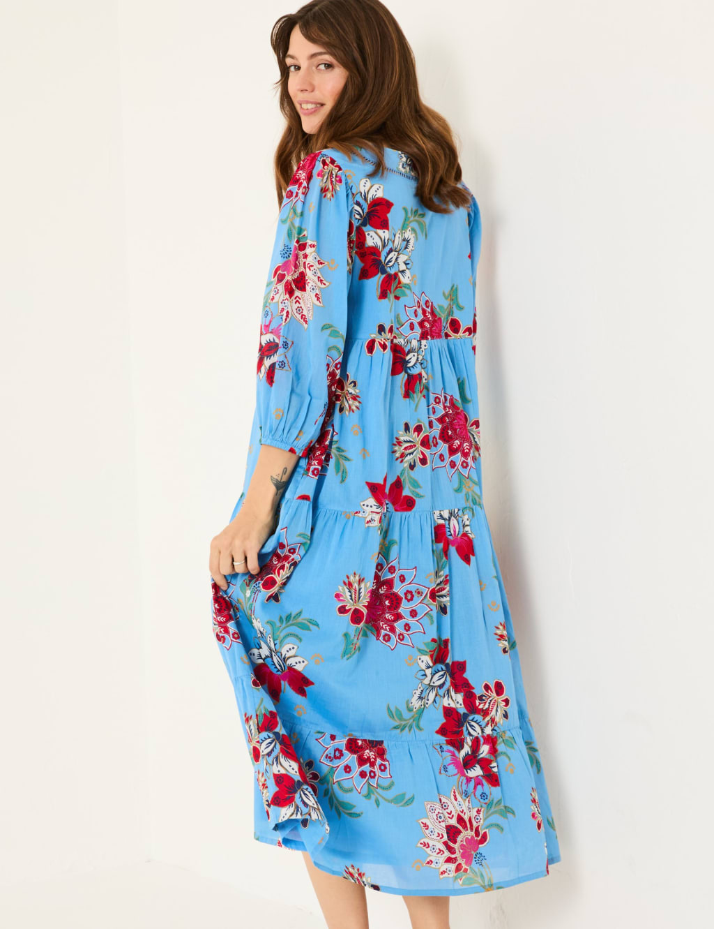 Pure Cotton Floral Tie Neck Midi Tiered Dress 3 of 5