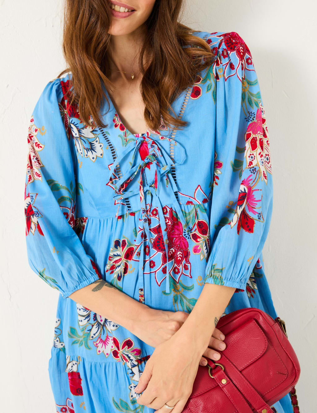 Pure Cotton Floral Tie Neck Midi Tiered Dress 4 of 5